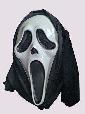 Scream Ghost Face Halloween Mask With Black Hood - Lightweight Plastic & Fabric